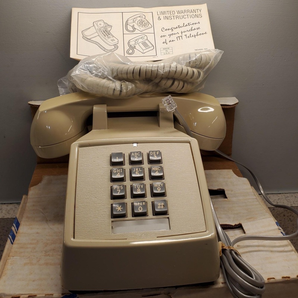 NIB Vintage ITT Desk Phone Beige Push Button Landline Telephone USA  Adj Ringer